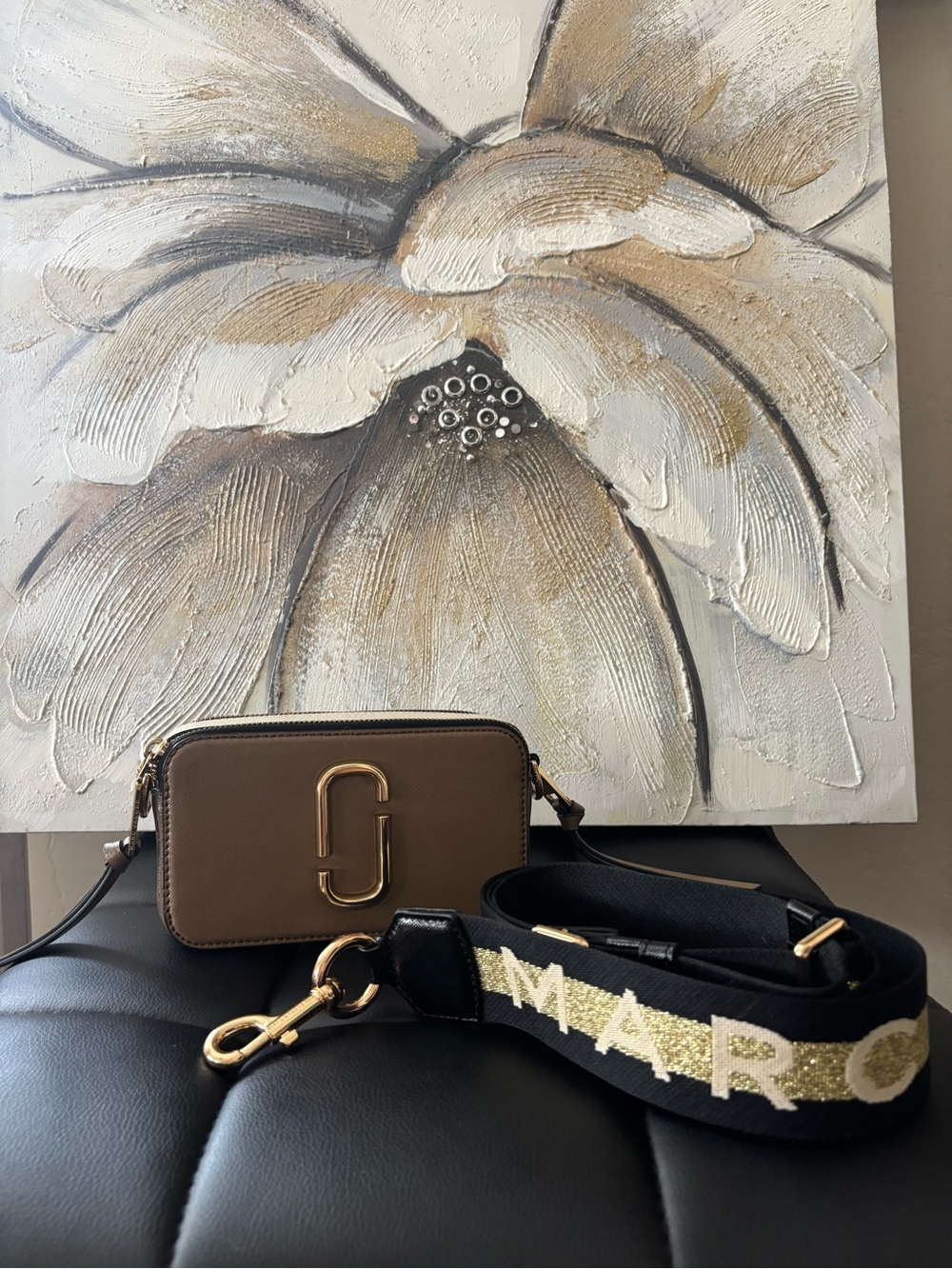 Marc Jacobs Taupe Leather Snapshot Crossbody with Black Branded Strap